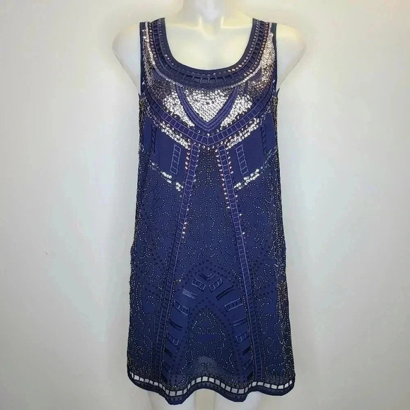 Alga Francescas Navy Blue Silver Bronze Sequin Beaded Art Deco Shift Dress Small - Picture 14 of 14